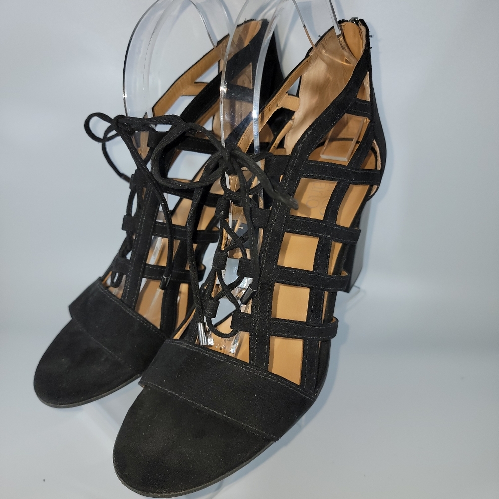 Franco Sarto Mano Cage Tie Up Heels Size 10M Black Faux Suede New w Flaw